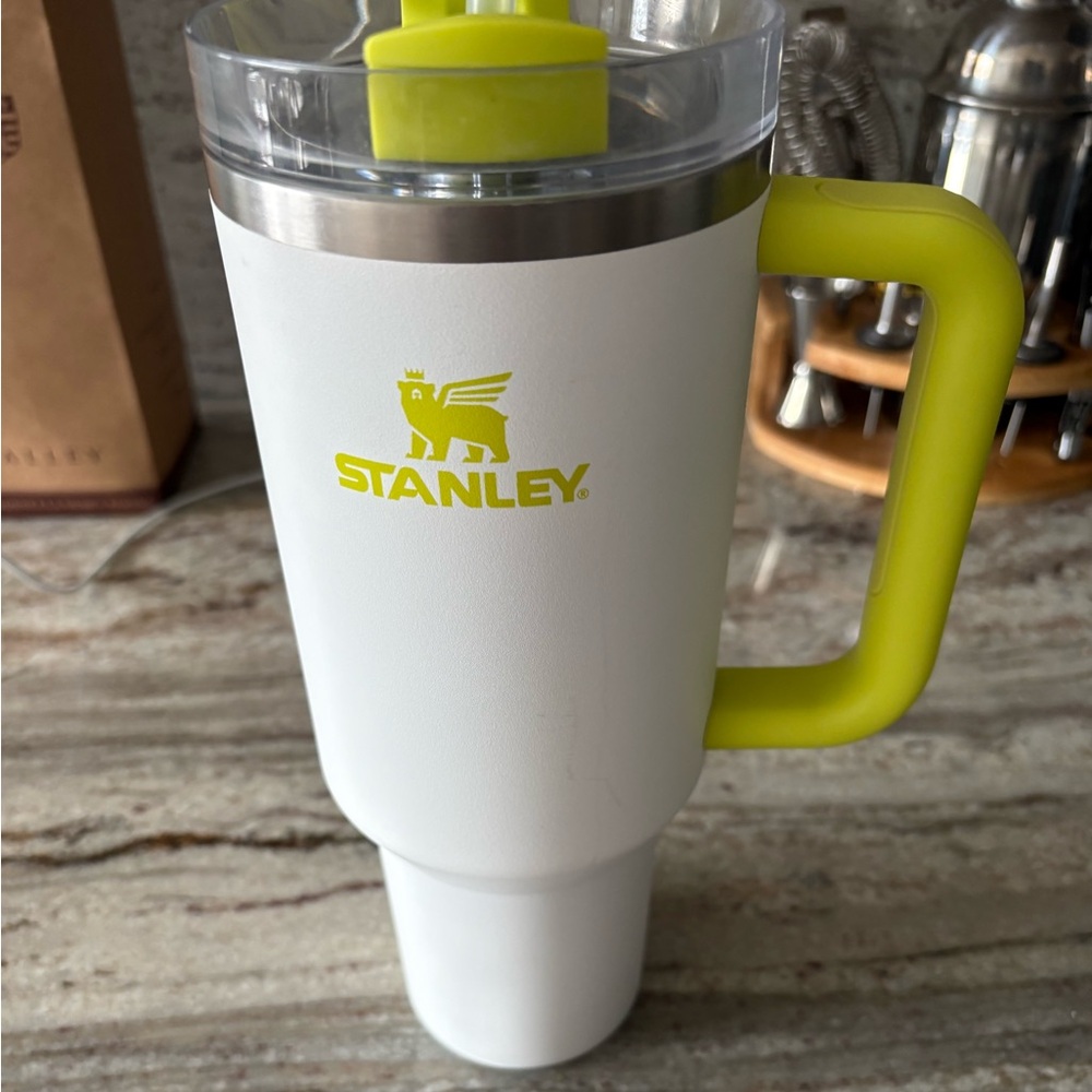 Stanley White Travel Mug with Neon Green Handle 40 oz